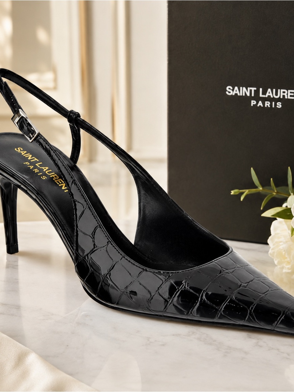 Saint Laurent YSL Vendome glossed croc-effect leather slingback pump Size 40 NWT
